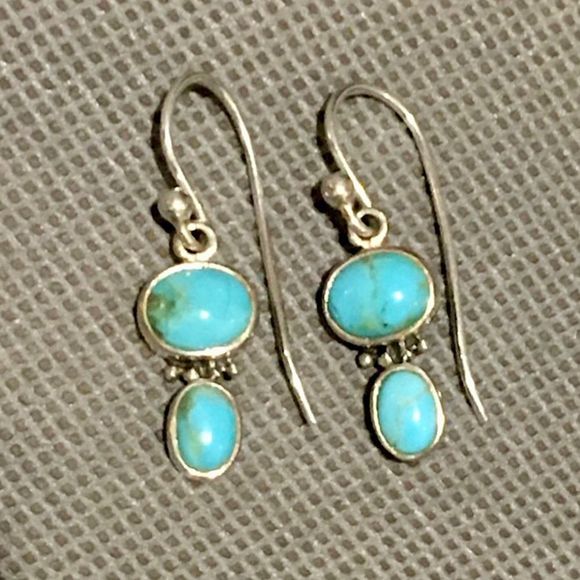 Vintage Sterling Silver Turquoise Double Drop Dangle Earrings - Picture 2 of 5